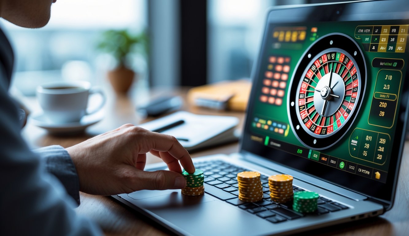 Seseorang sedang memasang taruhan kecil pada permainan roulette online di layar komputer dengan chip taruhan kecil di meja.