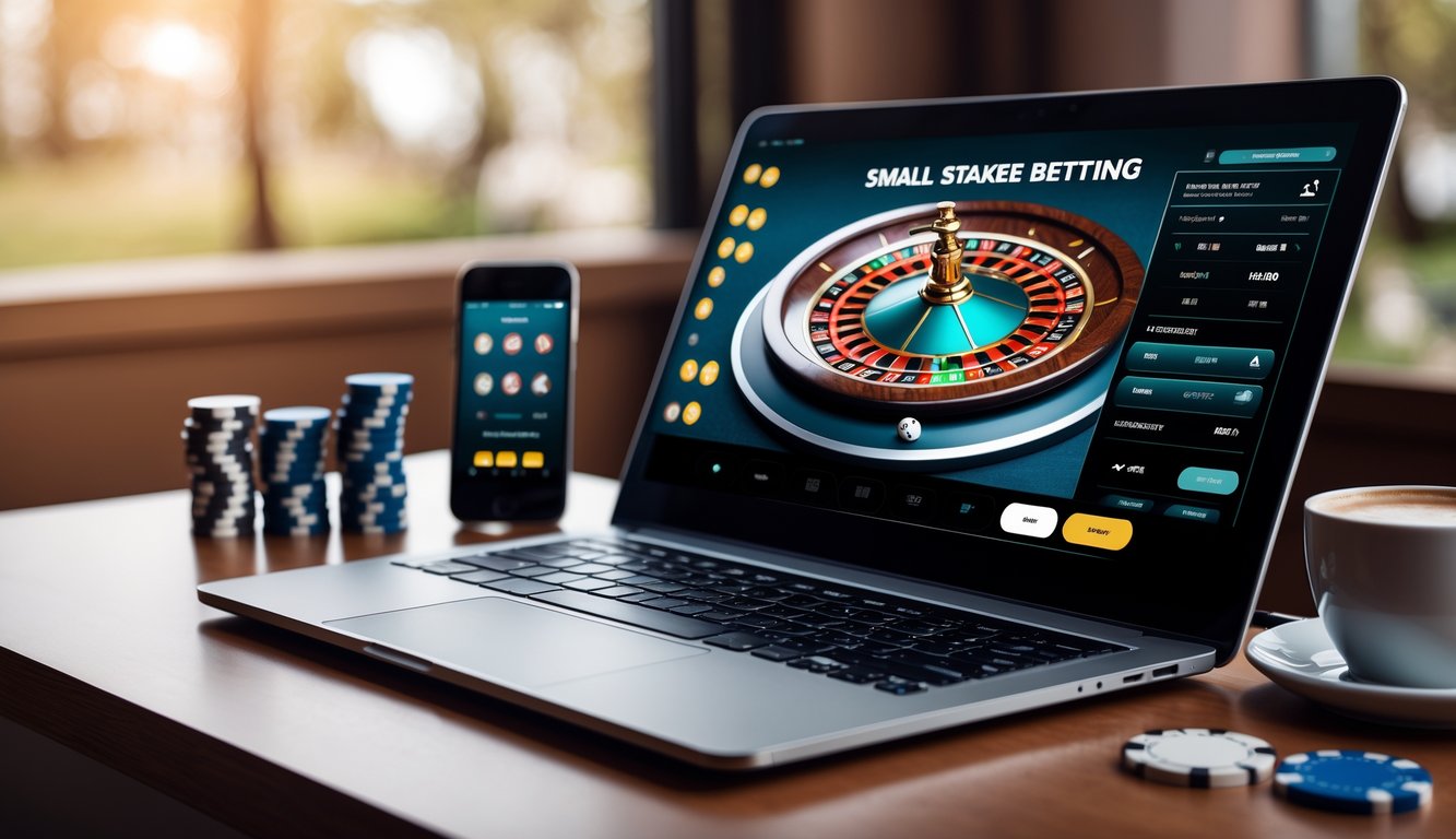Seorang pengguna laptop sedang bermain roulette online dengan tumpukan chip kecil di meja dan layar menampilkan roda roulette.