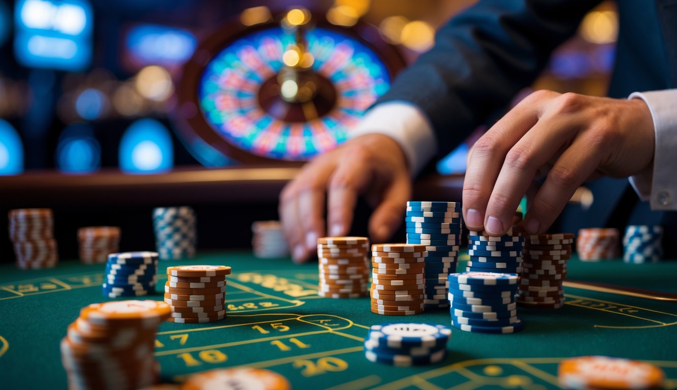 Meja roulette dengan chip taruhan kecil yang tersusun rapi dan tangan yang sedang memasang taruhan.