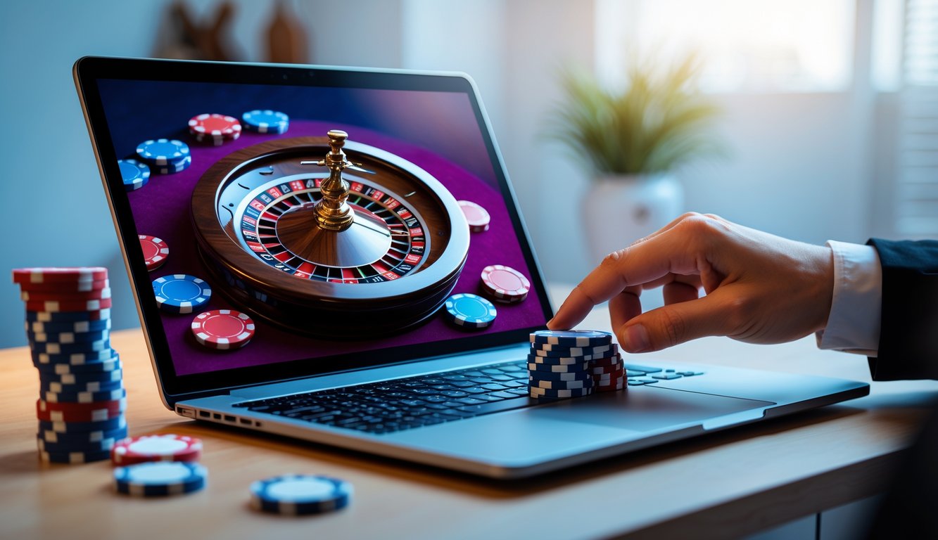 Seseorang sedang bermain roulette online di laptop dengan tumpukan chip di sampingnya di meja kerja yang rapi.
