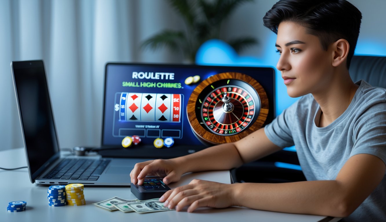 Seorang pemain muda sedang fokus bermain roulette online di depan laptop dengan beberapa chip taruhan dan uang di meja.