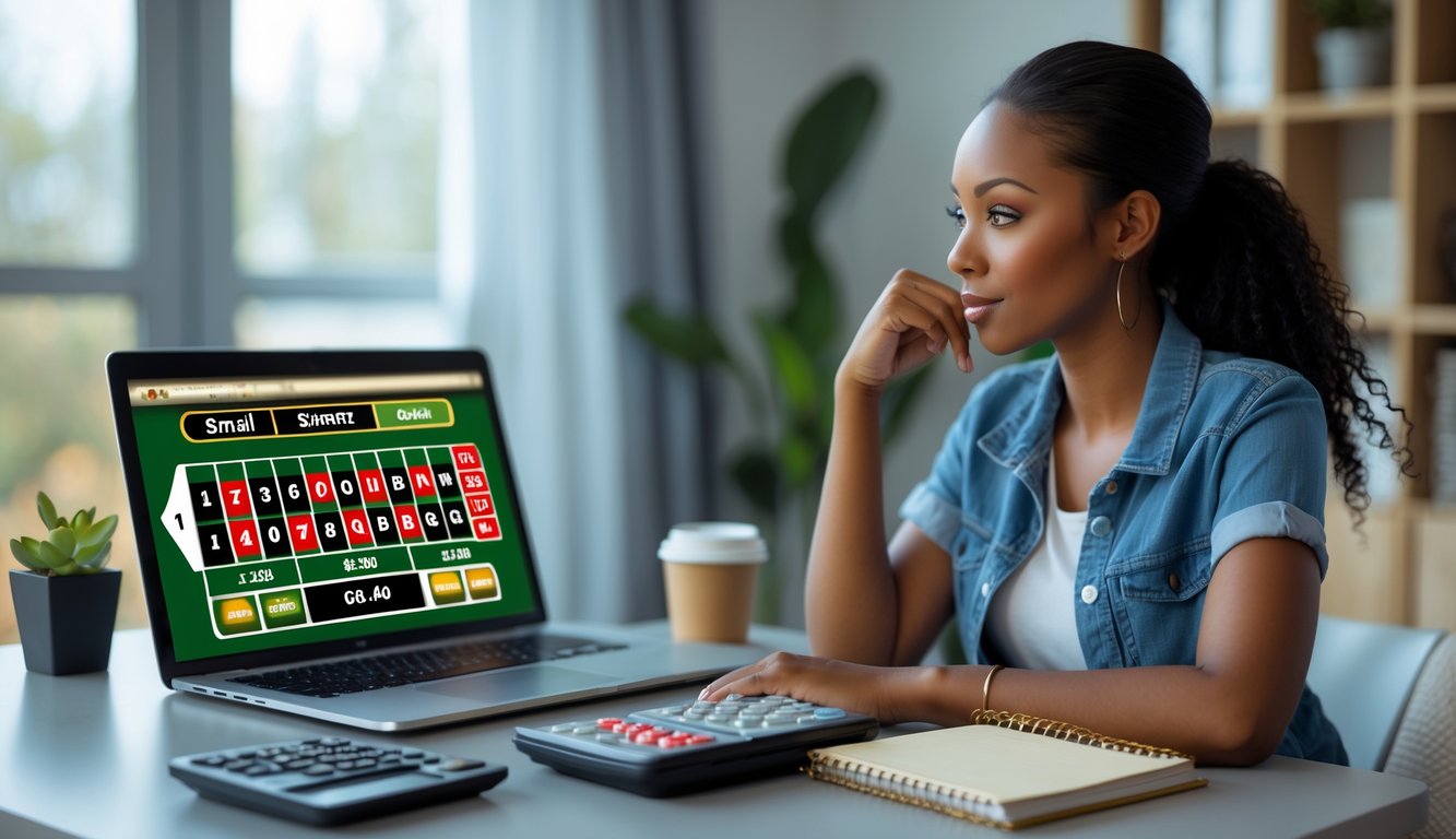 Seorang wanita muda duduk di depan laptop sambil mengelola anggaran kecil saat bermain roulette online di ruang kerja yang nyaman.