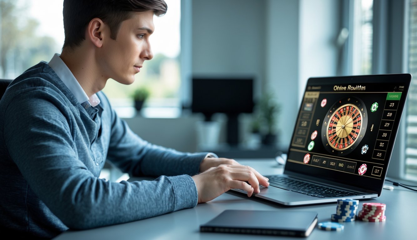 Seorang dewasa muda fokus bermain roulette online di laptop dengan chip poker dan buku catatan di meja.