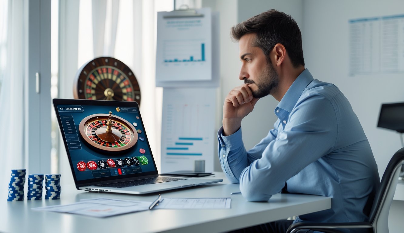 Seorang pria duduk di meja dengan laptop yang menampilkan permainan roulette online, tampak fokus dan sedang merencanakan strategi.