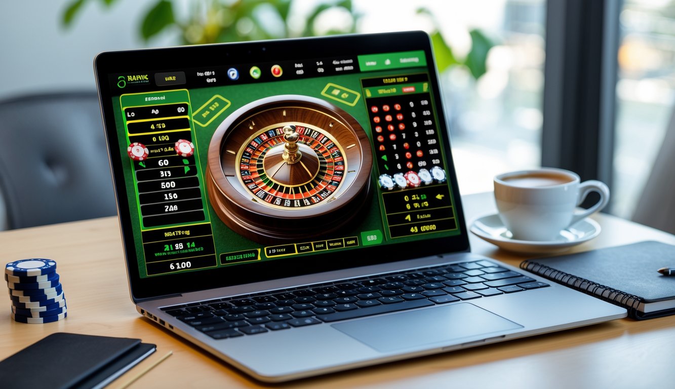 Seorang pemain menggunakan laptop dengan permainan roulette online di layar, di atas meja terdapat tumpukan chip poker kecil dan alat tulis.