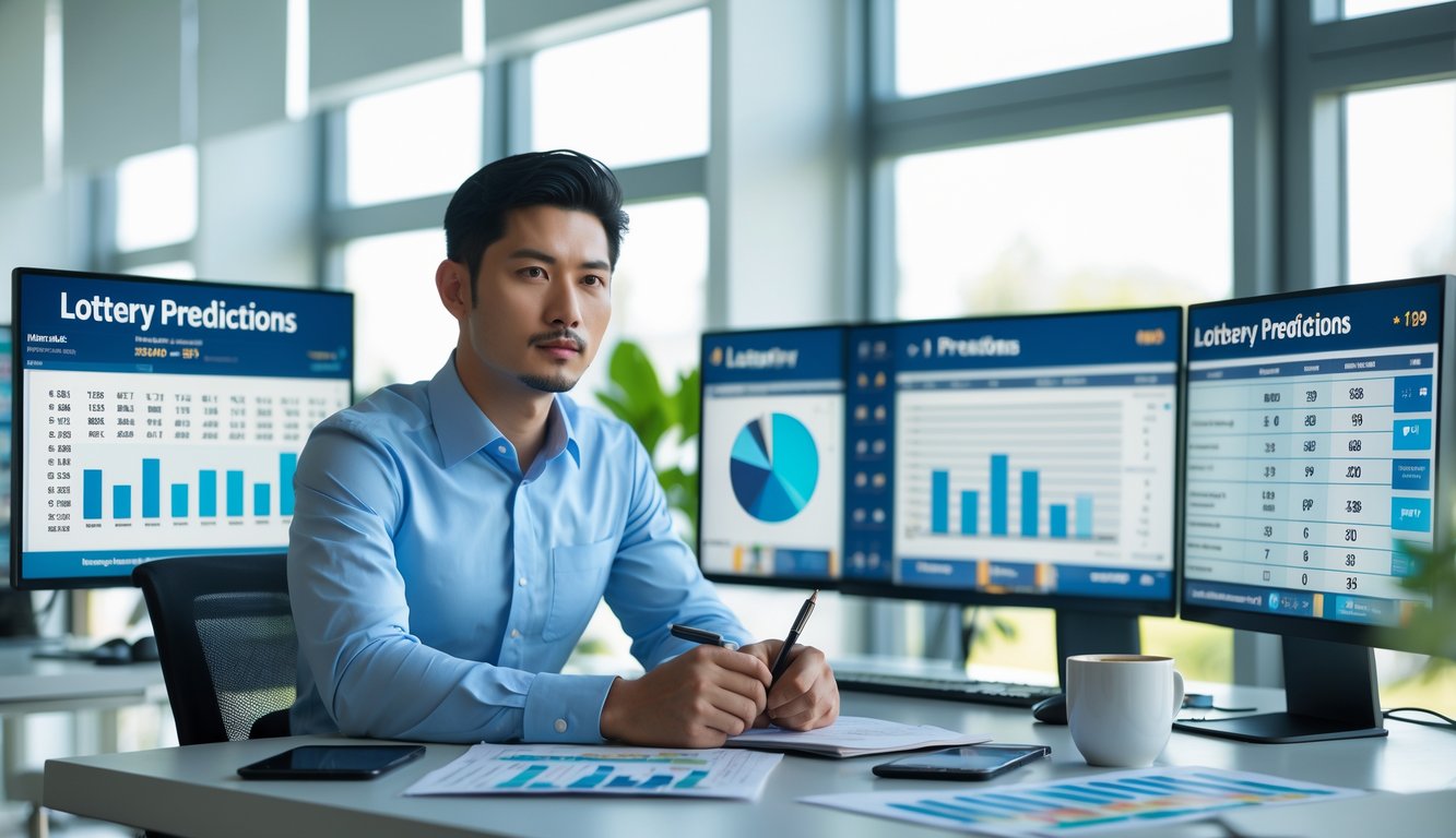 Seorang pria Asia duduk di meja kantor modern dengan beberapa layar komputer menampilkan grafik dan data, terlihat fokus dan berpikir.