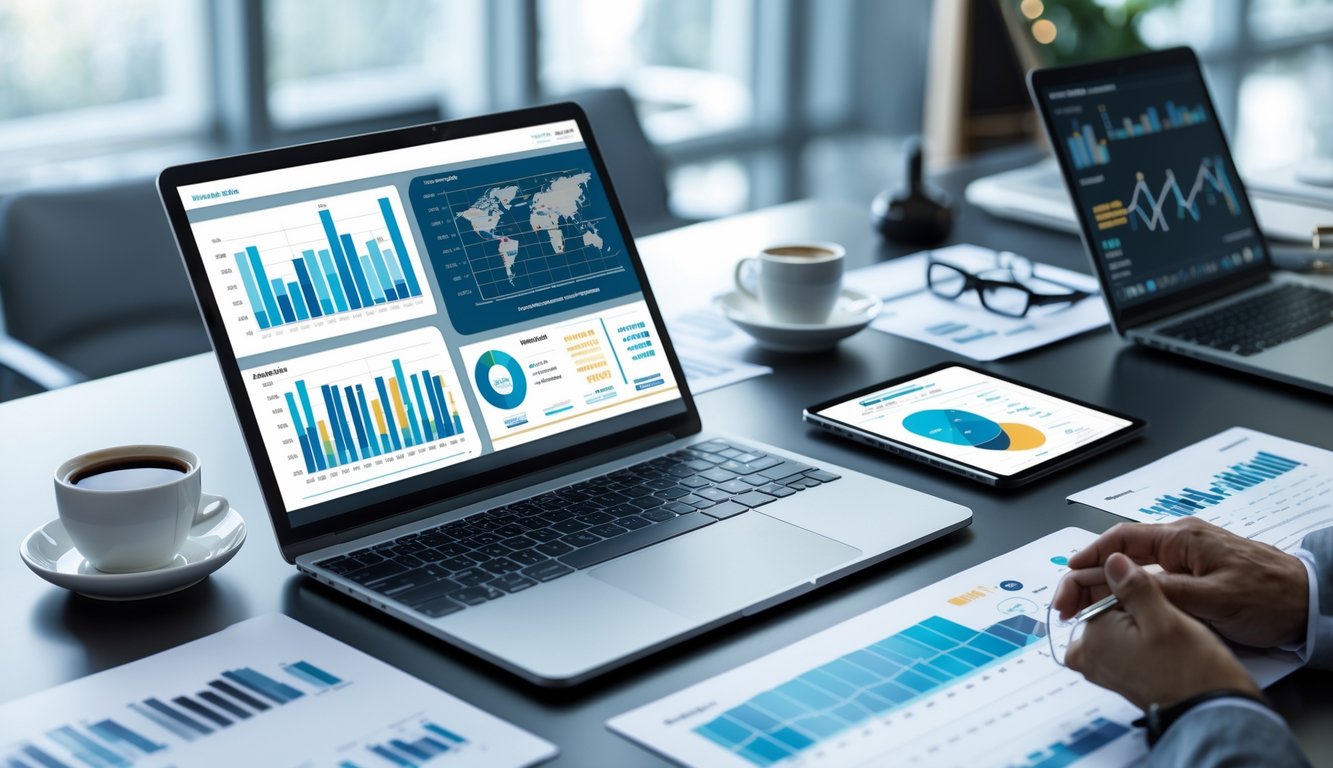 Meja kerja modern dengan laptop, tablet, dan smartphone yang menampilkan grafik dan data angka, di ruang kantor yang terang dengan cahaya alami.