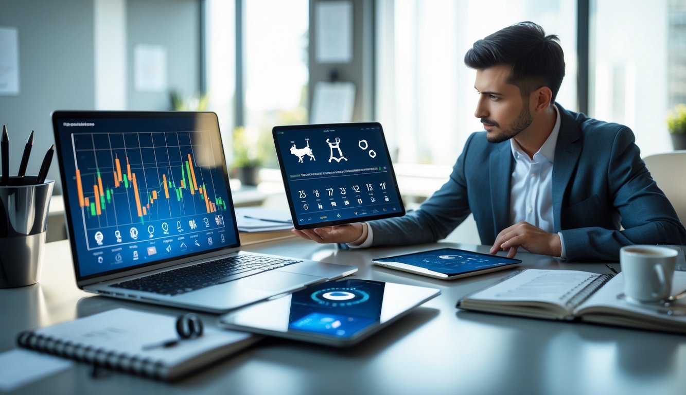 Orang sedang menganalisis data di meja kerja dengan perangkat digital dan simbol shio di layar.