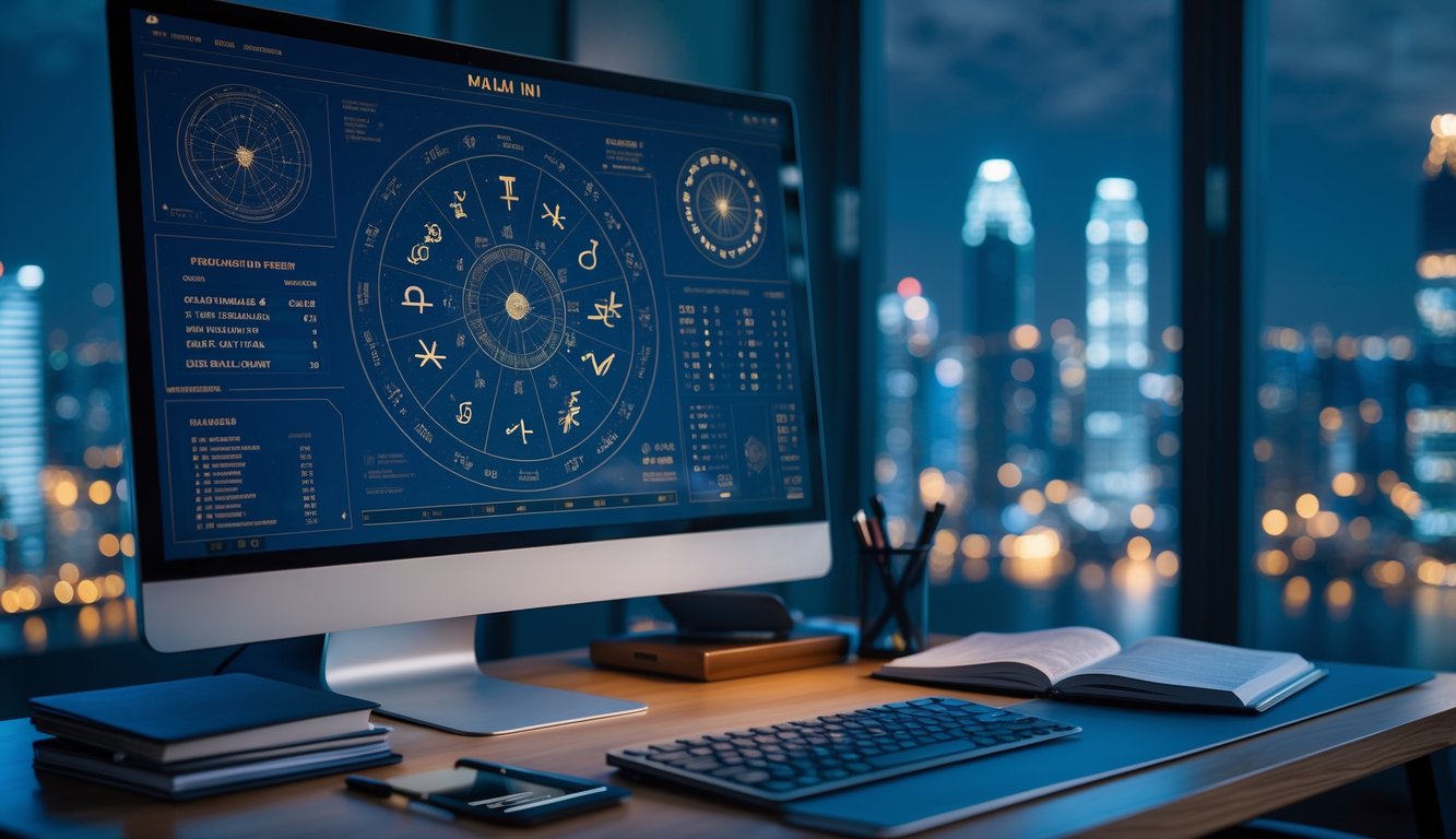 Meja kerja modern dengan komputer menampilkan grafik dan simbol shio, dengan latar belakang kota malam hari yang samar.