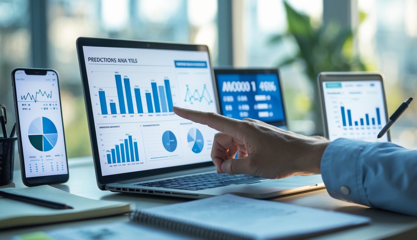 Seseorang sedang bekerja dengan laptop dan alat tulis di meja, fokus pada analisis data dan prediksi angka.