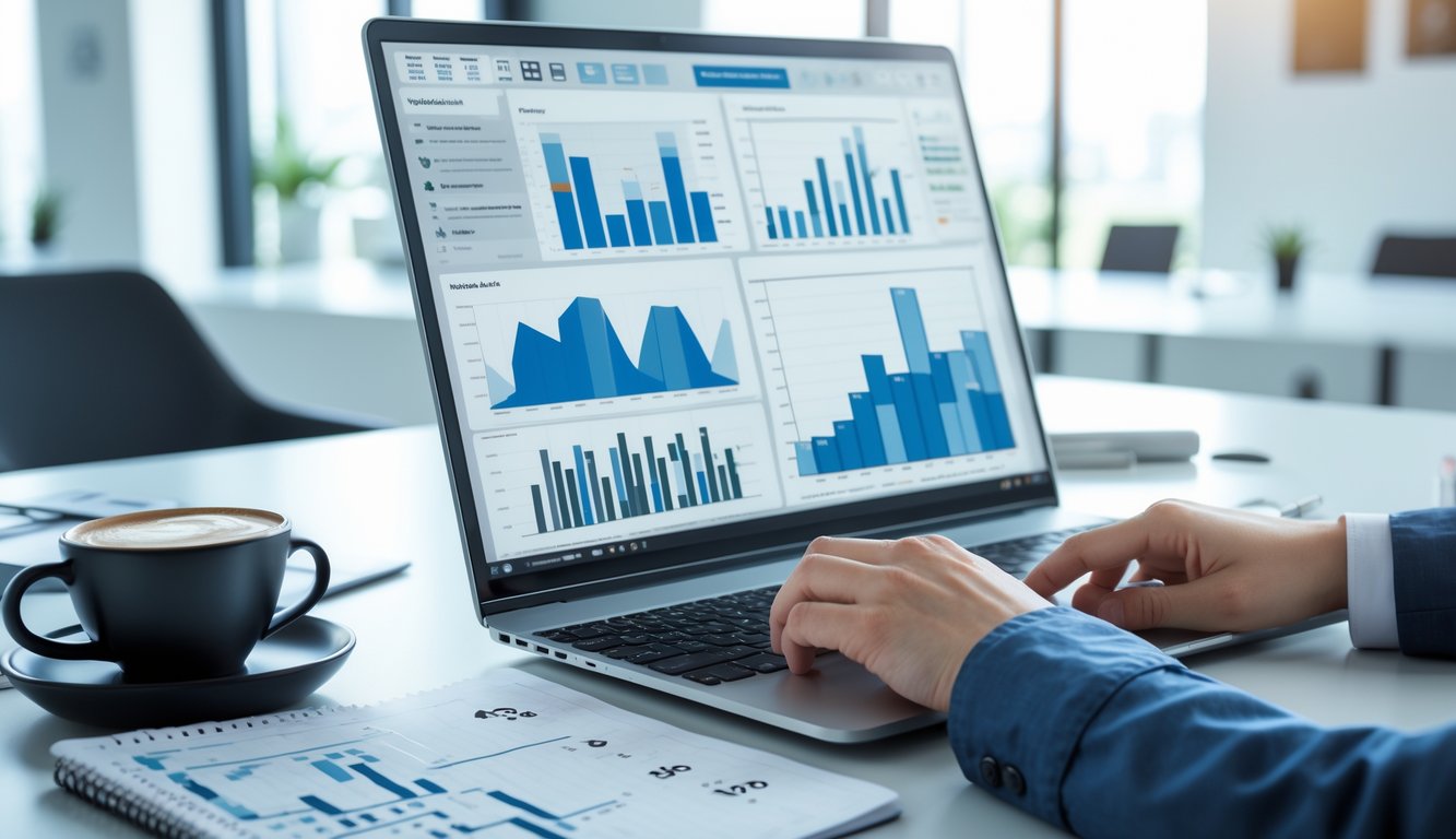Seorang profesional sedang bekerja di meja dengan laptop yang menampilkan grafik dan data, serta catatan dan alat tulis di sampingnya.