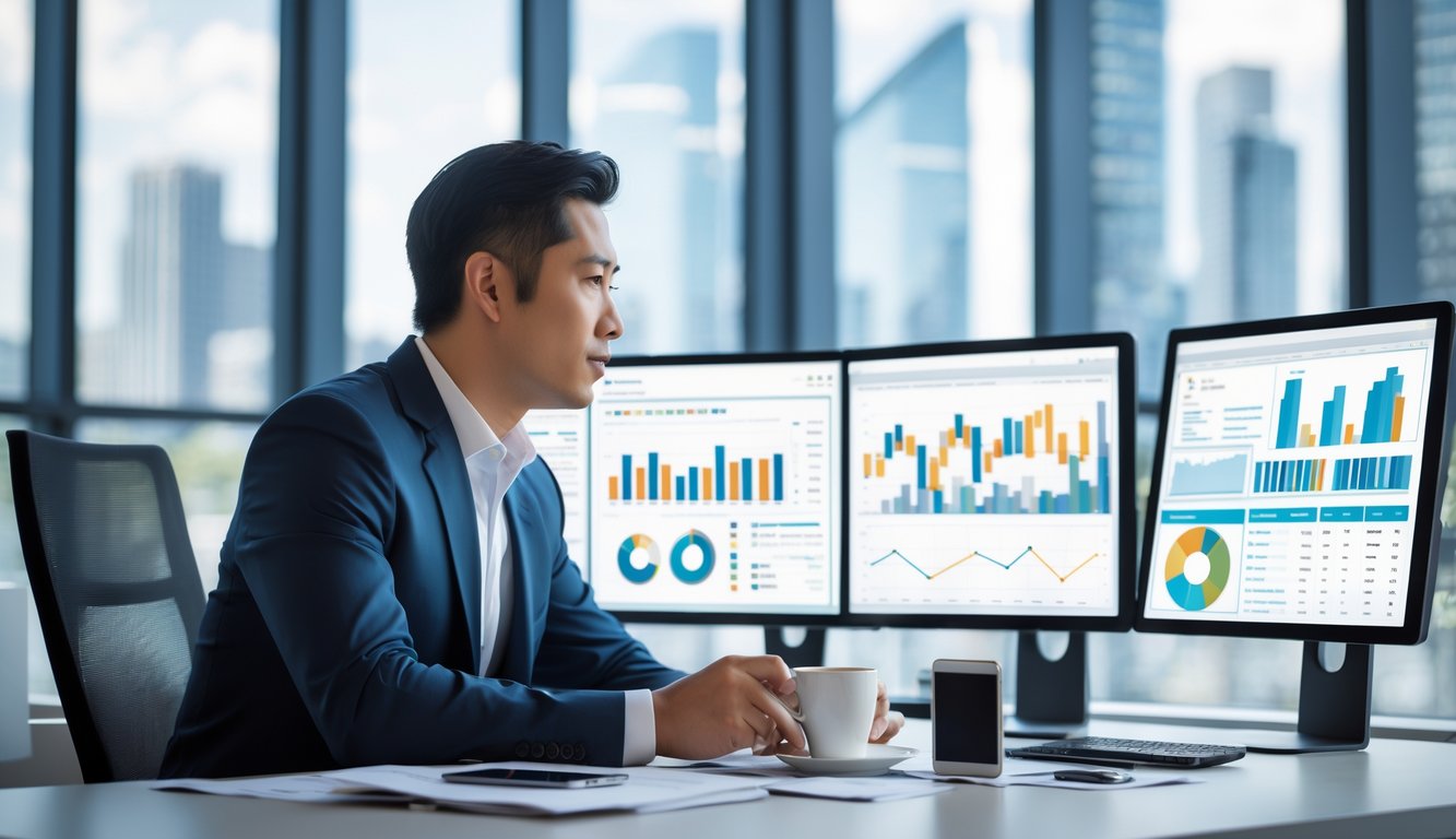 Seorang pria Asia berpakaian bisnis duduk di meja kantor modern dengan beberapa layar komputer menampilkan grafik data, fokus menganalisis informasi di lingkungan kantor yang terang dengan pemandangan kota di belakangnya.