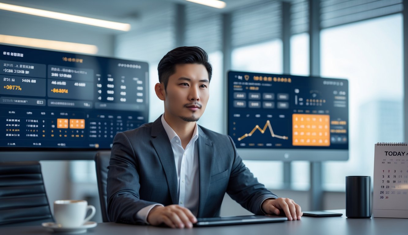 Seorang pria Asia duduk di meja kantor modern dengan beberapa layar digital menampilkan grafik dan data prediksi lotere.