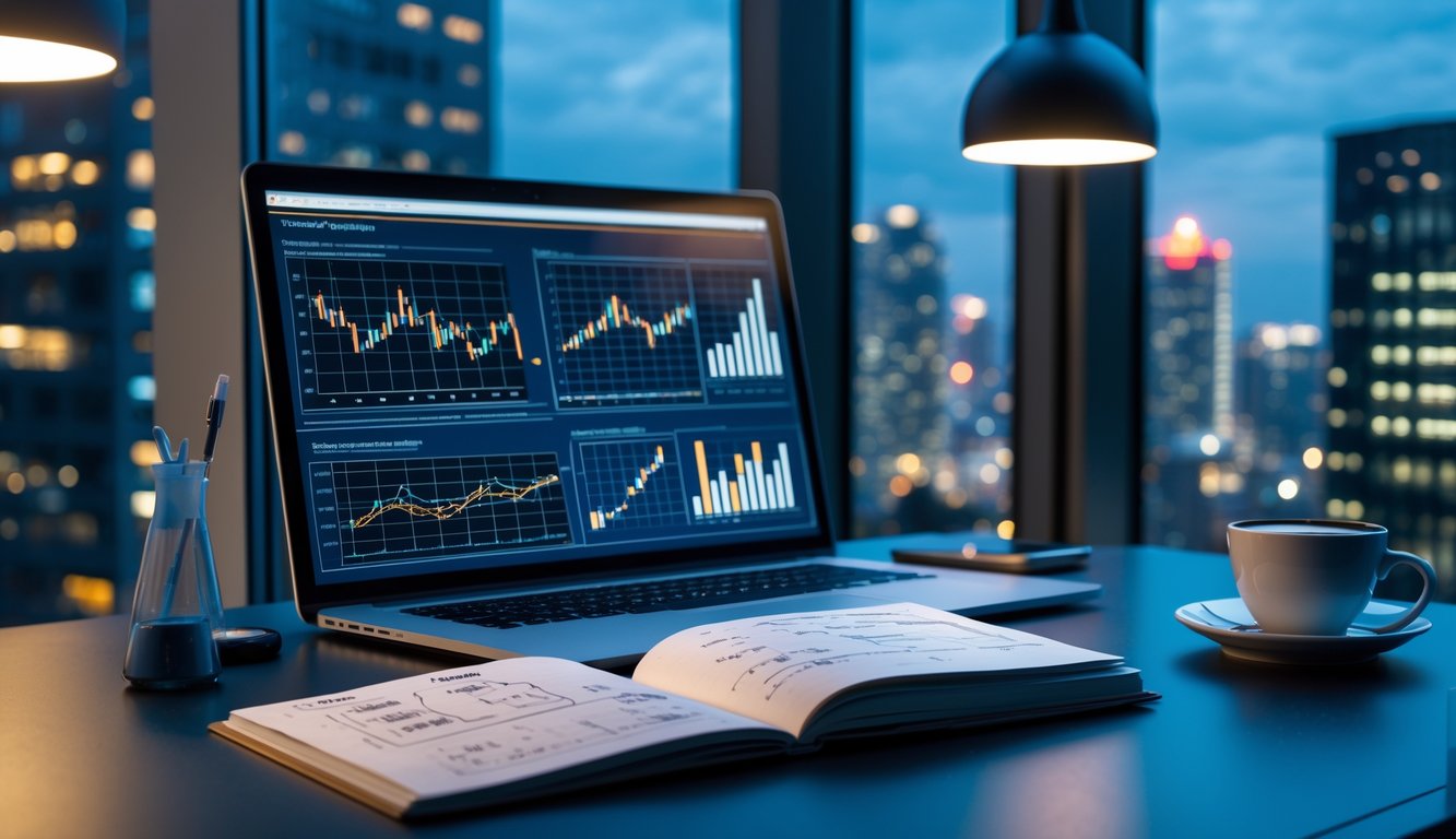 Seorang profesional bekerja di meja dengan laptop, catatan rumus, dan grafik di layar, di latar belakang terlihat pemandangan kota malam hari.