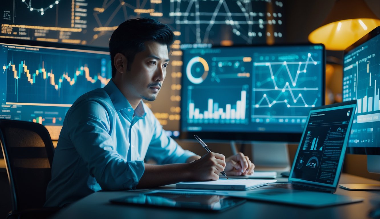 Seorang pria Asia sedang duduk di meja dengan beberapa layar komputer menampilkan grafik dan rumus di ruangan yang remang-remang pada malam hari.