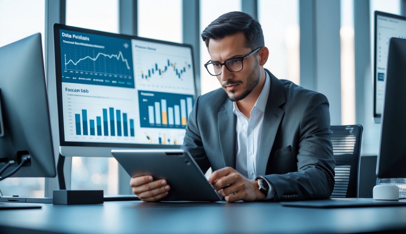 Seorang profesional sedang menganalisis data di meja kerja dengan layar digital yang menampilkan grafik dan angka, di ruang kantor modern dengan pemandangan kota di latar belakang.