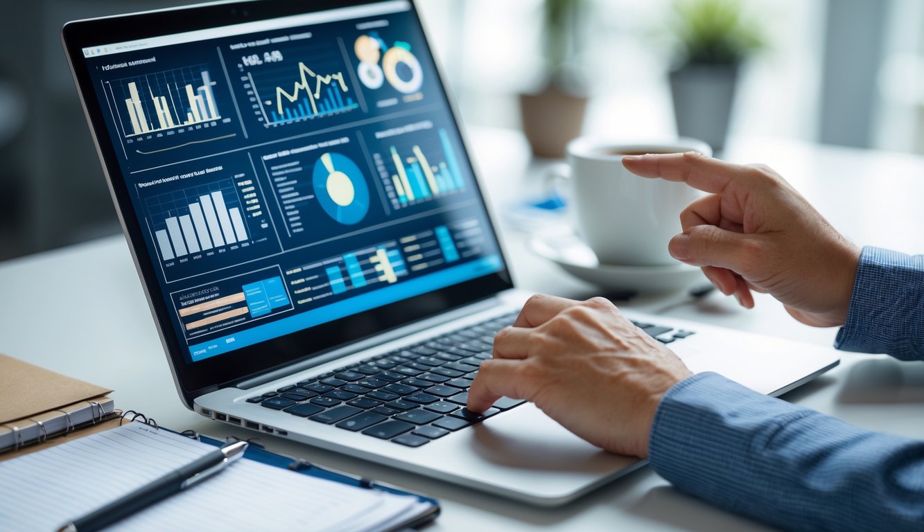 Meja kerja modern dengan laptop yang menampilkan grafik dan angka, tangan seseorang sedang mengetik atau menunjuk layar.