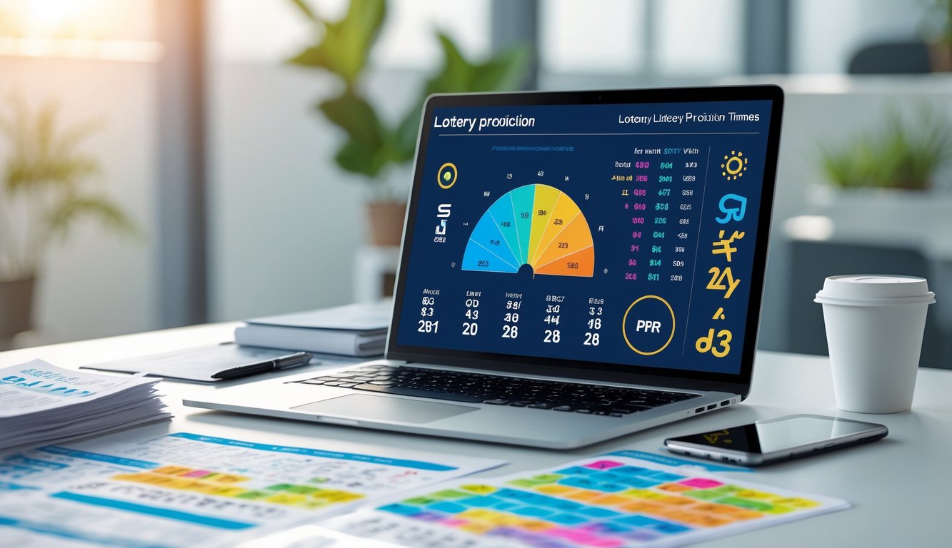 Meja kerja modern dengan laptop menampilkan grafik dan angka, serta elemen zodiak dan warna, di bawah pencahayaan alami.