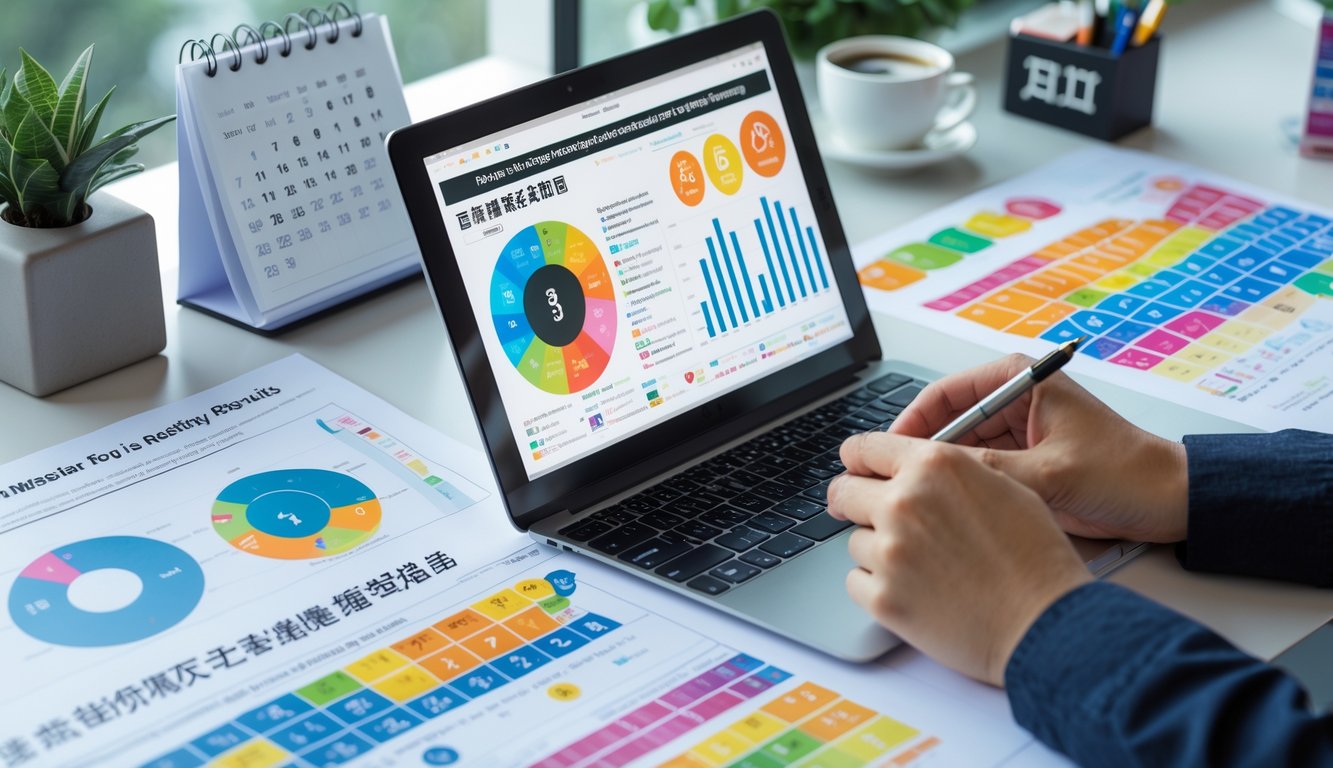 Meja kerja dengan laptop yang menampilkan grafik dan data, kertas dengan simbol shio dan angka, tangan seseorang sedang menunjuk layar dan mencatat.