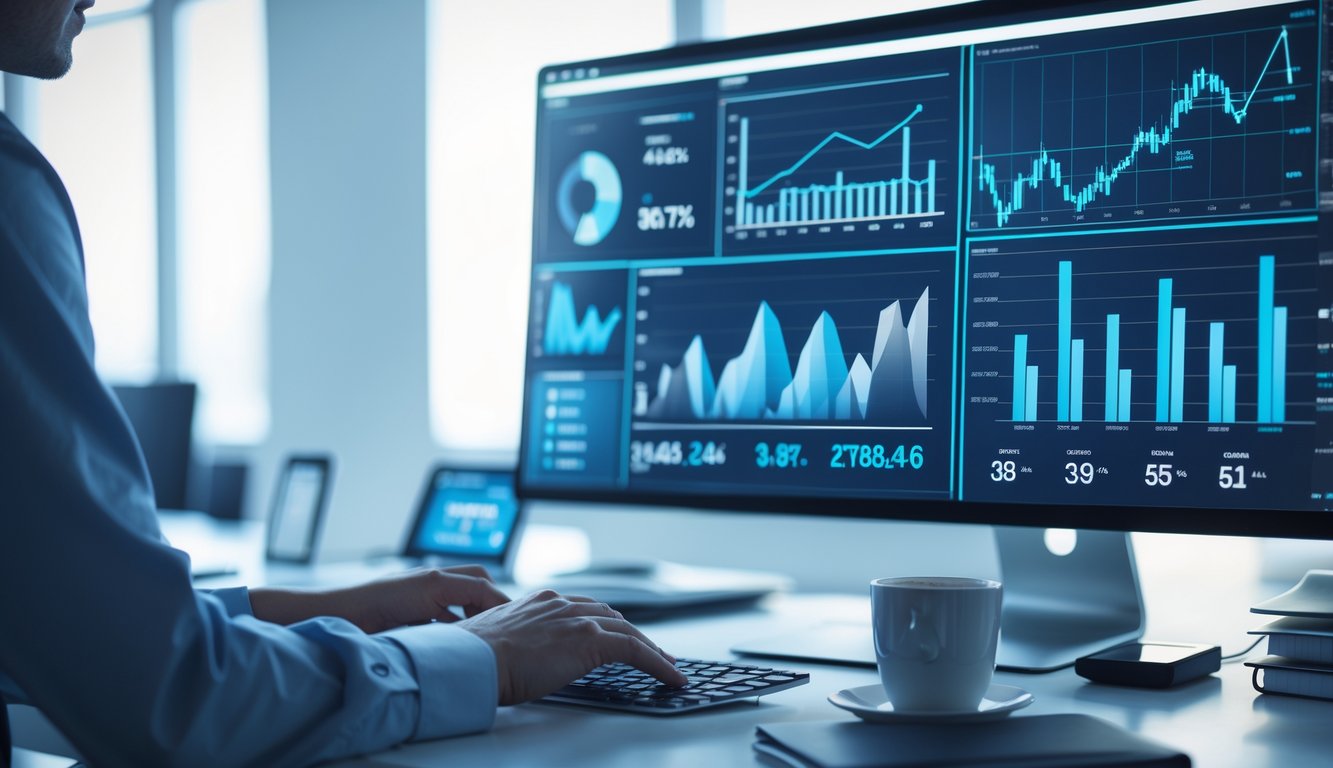 Sebuah ruang kerja modern dengan monitor komputer yang menampilkan grafik dan data angka, tangan seseorang sedang mengetik di keyboard.