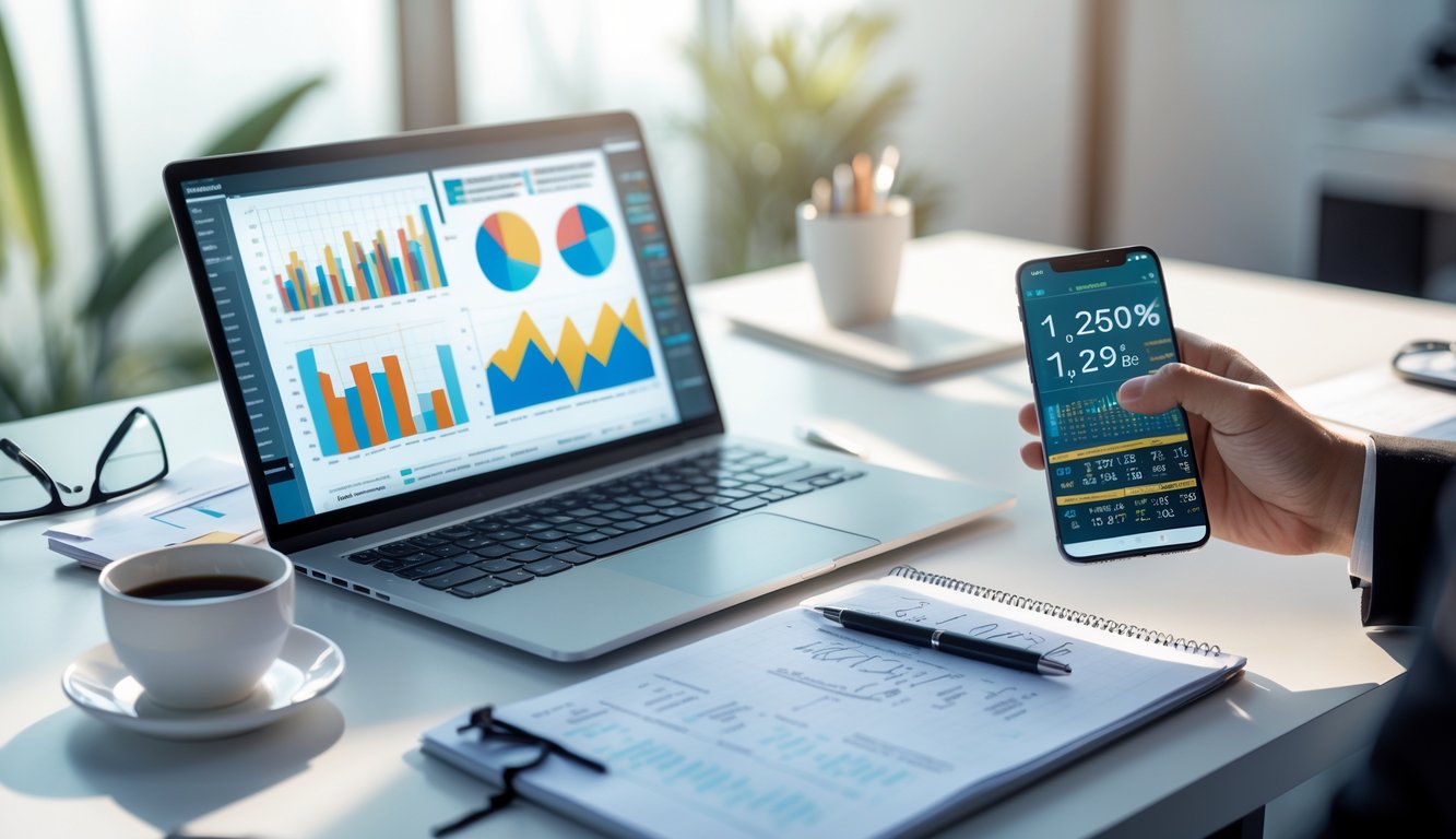 Meja kerja modern dengan laptop, ponsel, dan catatan yang menunjukkan data dan grafik angka.