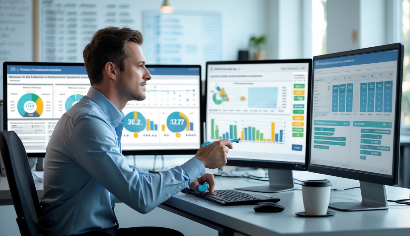 Seorang analis sedang melihat layar komputer dengan grafik dan data di sebuah kantor modern.