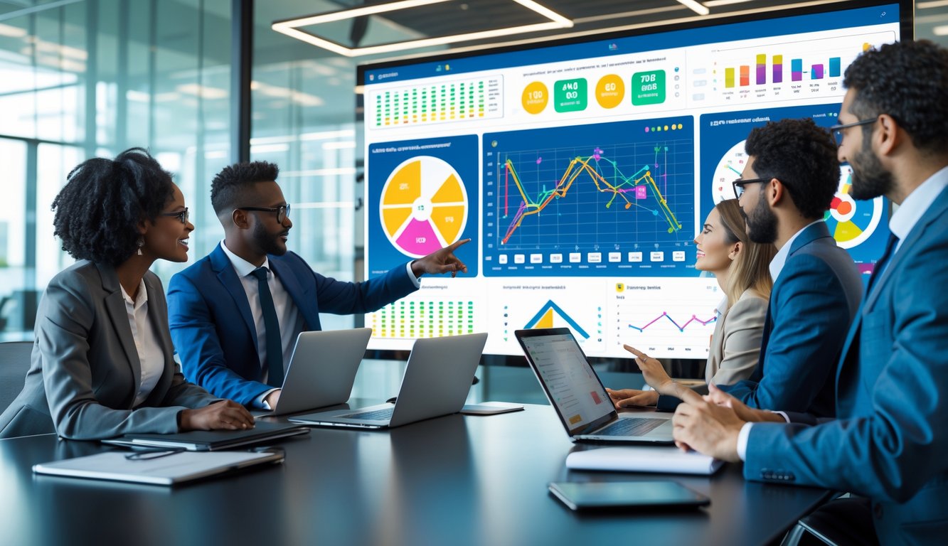 Sekelompok profesional sedang berdiskusi di ruang kantor modern dengan layar besar menampilkan grafik dan data analisis.