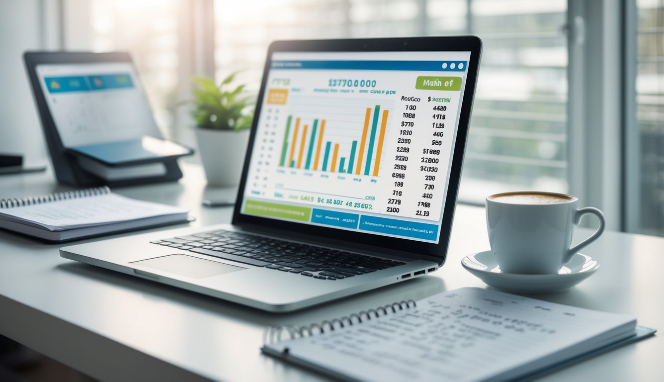 Meja kerja modern dengan laptop, buku catatan, dan kopi yang menunjukkan suasana fokus dan analisis prediksi angka.