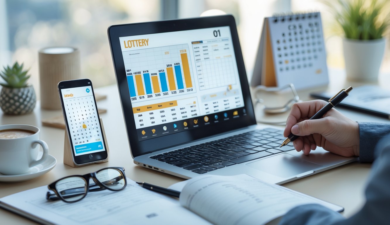 Seseorang sedang menganalisis data angka lotre di meja kerja dengan laptop, buku catatan, dan ponsel.