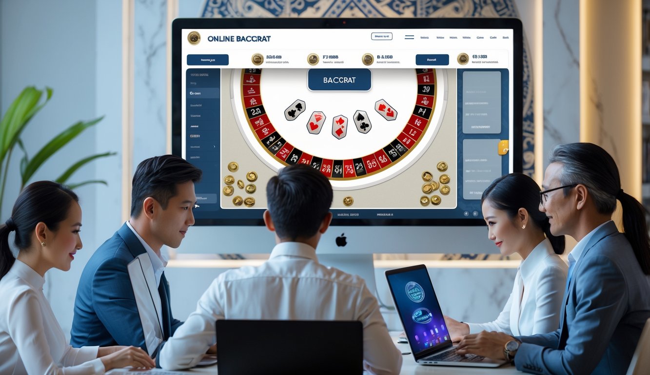 Orang-orang profesional bermain permainan baccarat online di lingkungan modern dengan layar komputer dan perangkat digital, latar belakang menampilkan elemen budaya Indonesia.