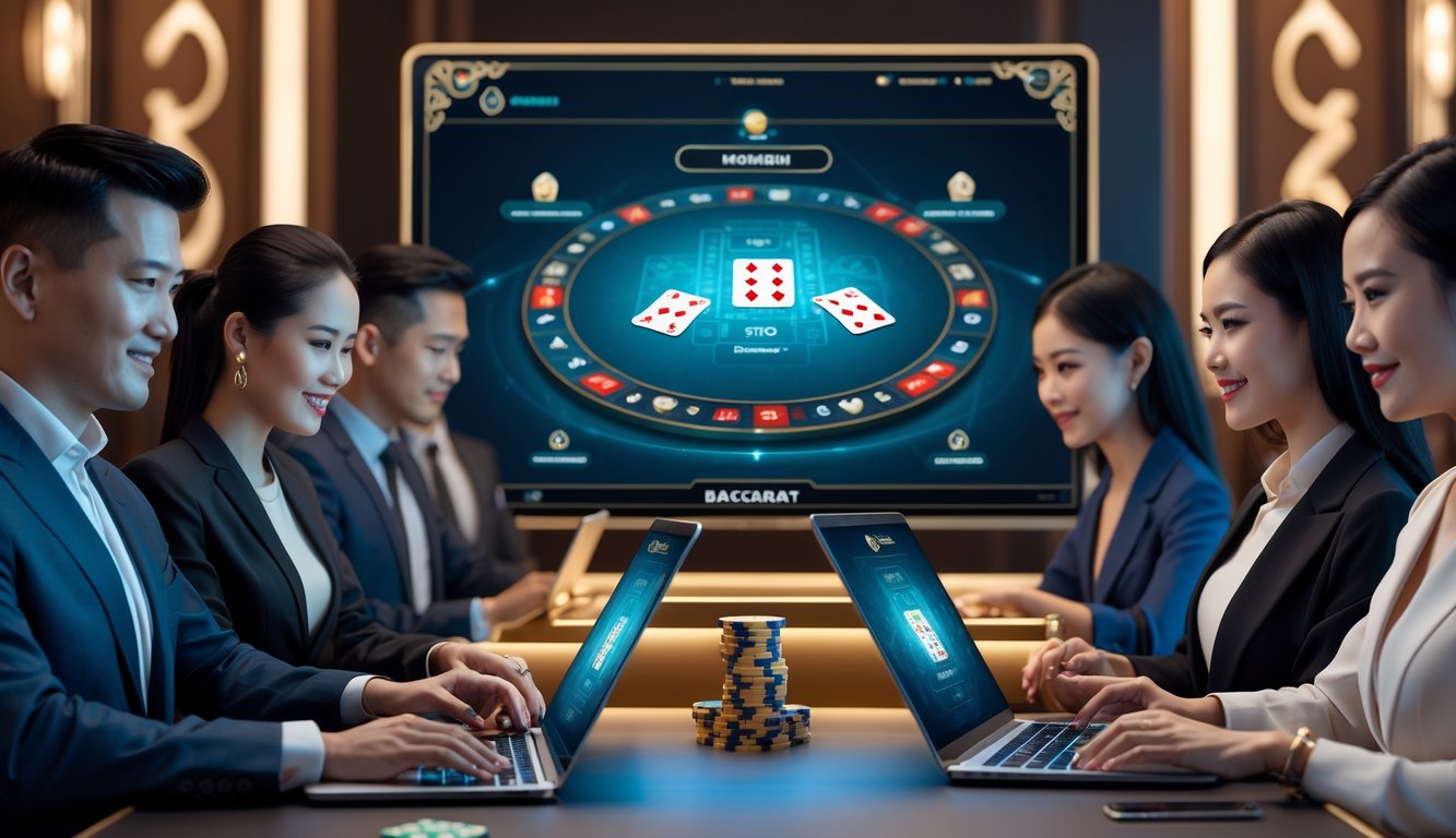 Beberapa orang sedang menggunakan perangkat digital untuk bermain baccarat online dengan latar belakang yang menunjukkan suasana profesional dan teknologi modern.