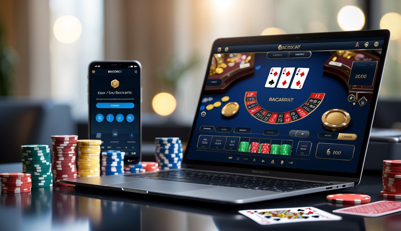 Seorang pria menggunakan laptop dengan tampilan permainan baccarat online, dikelilingi chip kasino dan kartu remi di meja kerja yang rapi.