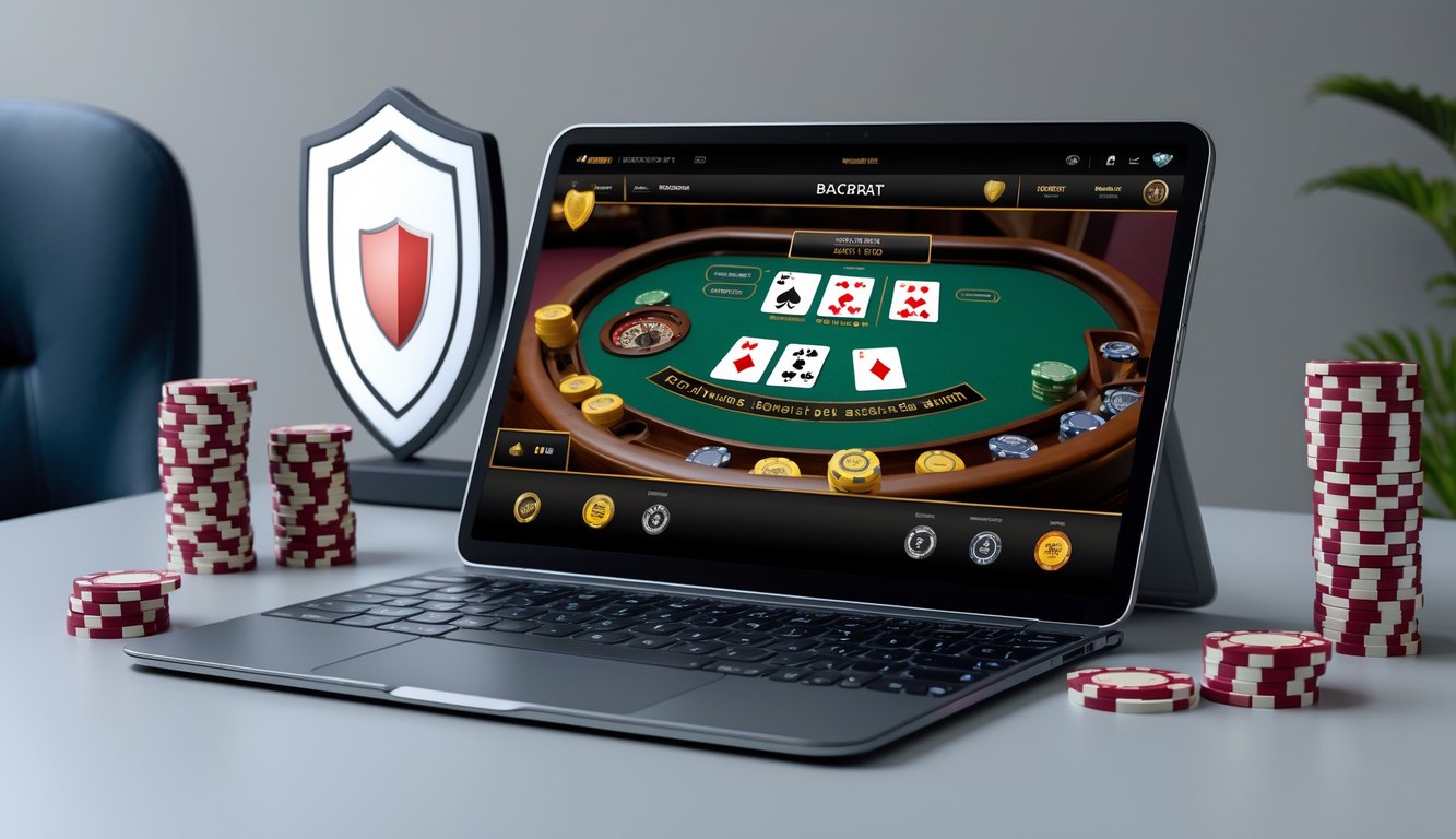 Sebuah laptop menampilkan permainan baccarat online dengan kartu dan chip di layar, dikelilingi oleh tumpukan chip poker dan simbol keamanan di meja kerja yang rapi.