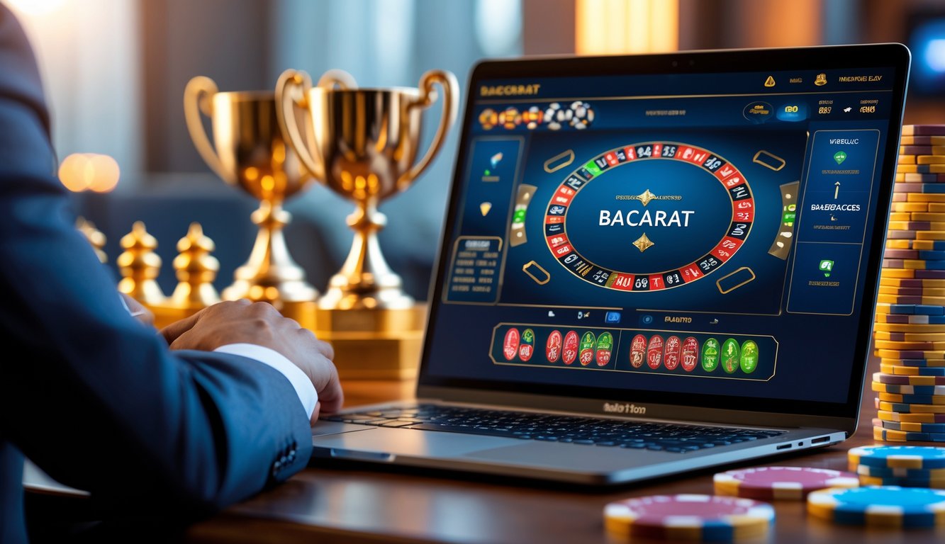 Seorang pemain duduk di depan komputer yang menampilkan permainan baccarat dengan kartu dan chip, dikelilingi oleh simbol kemenangan seperti tumpukan chip dan trofi emas.