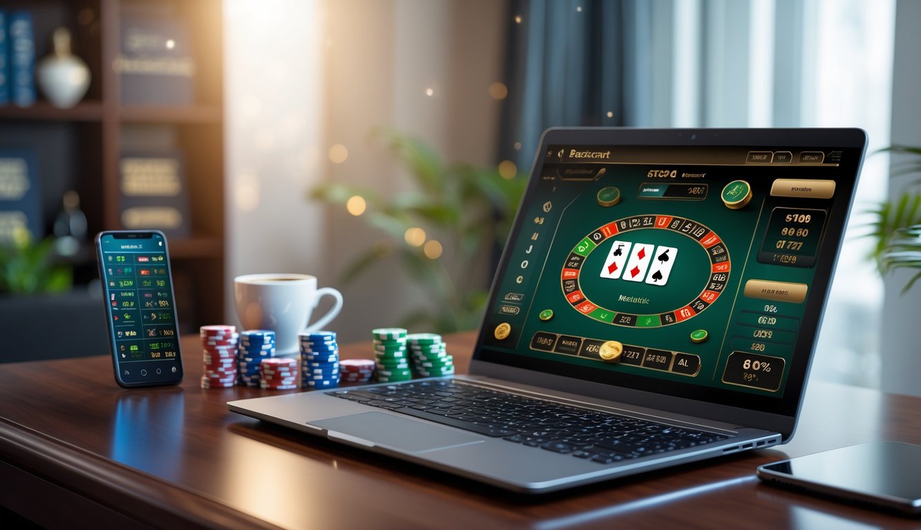 Meja kerja modern dengan laptop yang menampilkan permainan baccarat online, dikelilingi chip judi, ponsel dengan statistik taruhan, dan secangkir kopi.