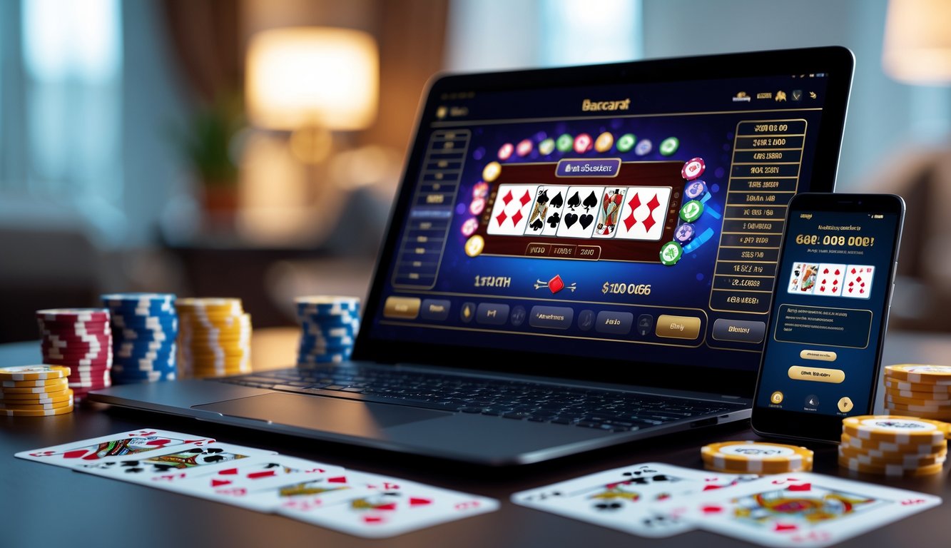 Sebuah perangkat elektronik menampilkan permainan baccarat online dengan kartu dan chip kasino di sekitarnya di meja yang rapi.