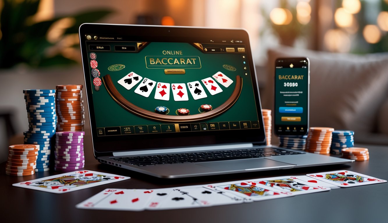 Sebuah laptop menampilkan permainan baccarat online dengan kartu dan chip di sekitarnya di atas meja dalam ruangan yang nyaman.