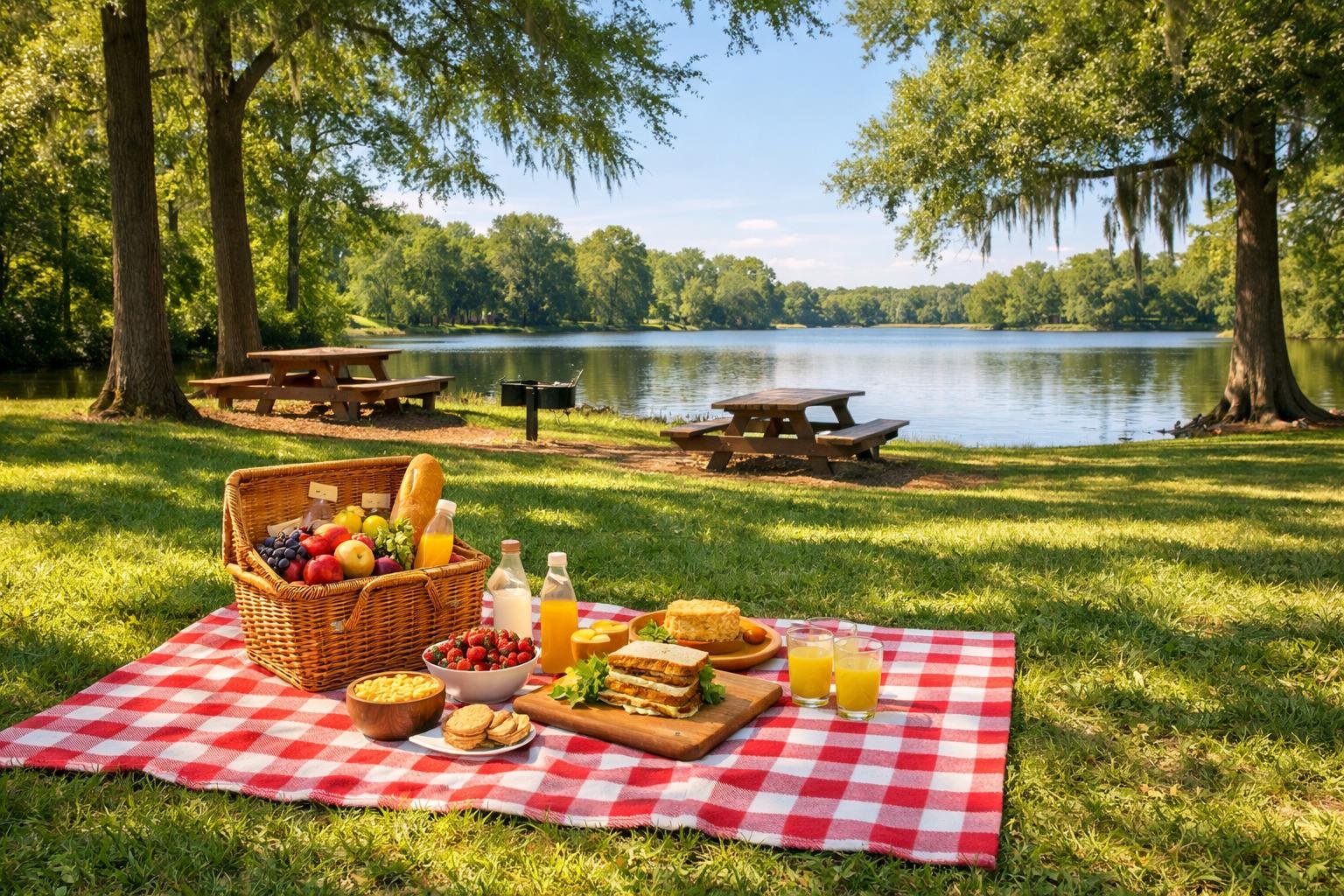A peaceful picnic area in a green park with trees, a lake in the background, and a picnic blanket with food on the grass.