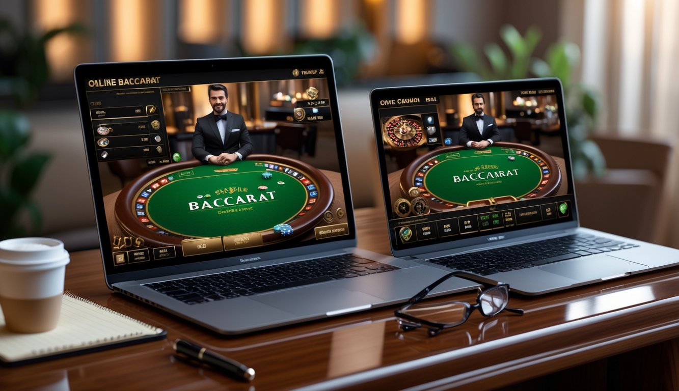 Sebuah laptop dan smartphone menampilkan permainan baccarat online dengan dealer langsung di meja kasino, di atas meja kayu dengan suasana nyaman.