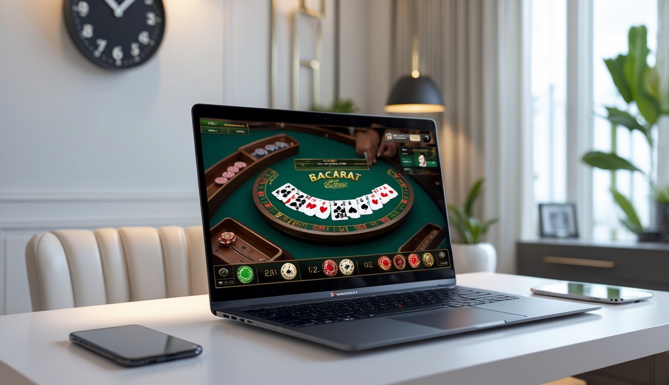 Seorang pengguna sedang melihat permainan baccarat online dengan dealer langsung di layar laptop di ruang kerja yang rapi dan terang.