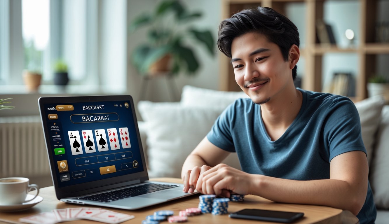 Seorang pemula bermain baccarat online di laptop di ruang tamu yang nyaman dengan suasana santai dan beberapa chip poker di meja.