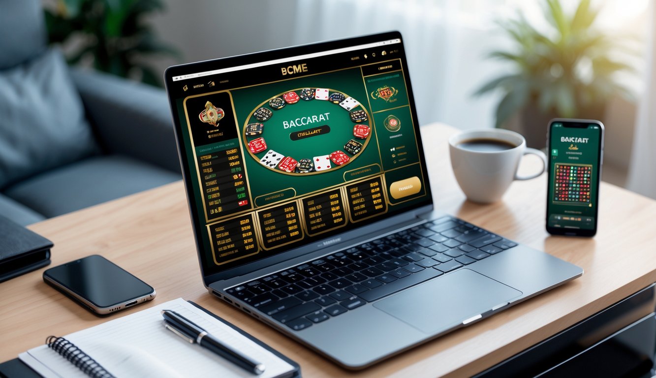 Meja kerja dengan laptop yang menampilkan permainan baccarat online, dilengkapi dengan buku catatan, ponsel, dan secangkir kopi.