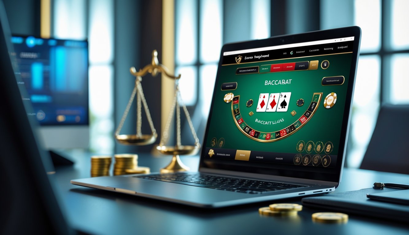 Seorang pemain menggunakan komputer dengan permainan baccarat online yang terlihat jelas di layar, di ruang kerja yang rapi dan terang.