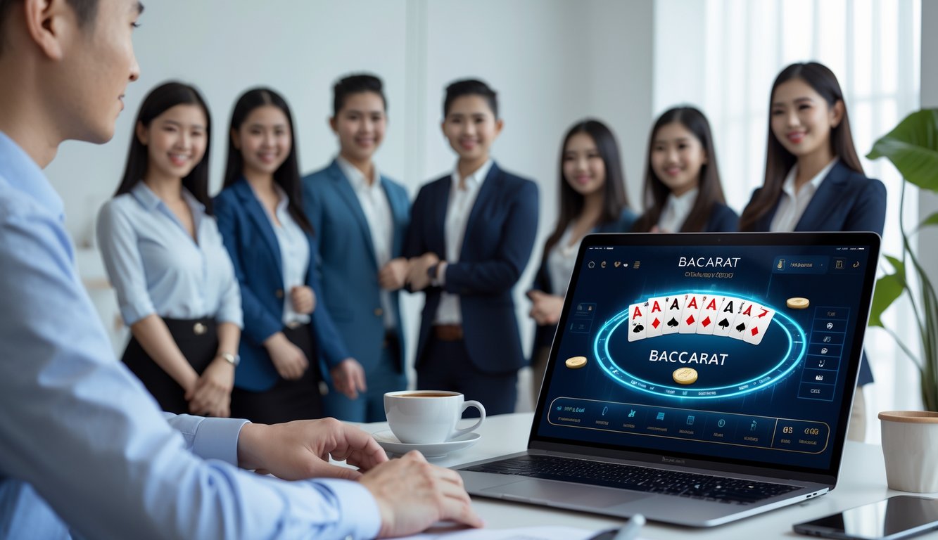 Orang-orang muda Indonesia bermain baccarat online di ruang kerja modern dengan perangkat digital dan suasana yang cerah dan profesional.