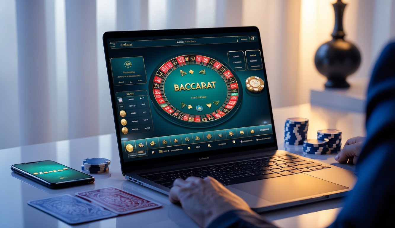 Sebuah meja modern dengan laptop menampilkan permainan baccarat online, smartphone dengan aplikasi dompet digital terbuka, dan kartu serta chip tertata rapi.