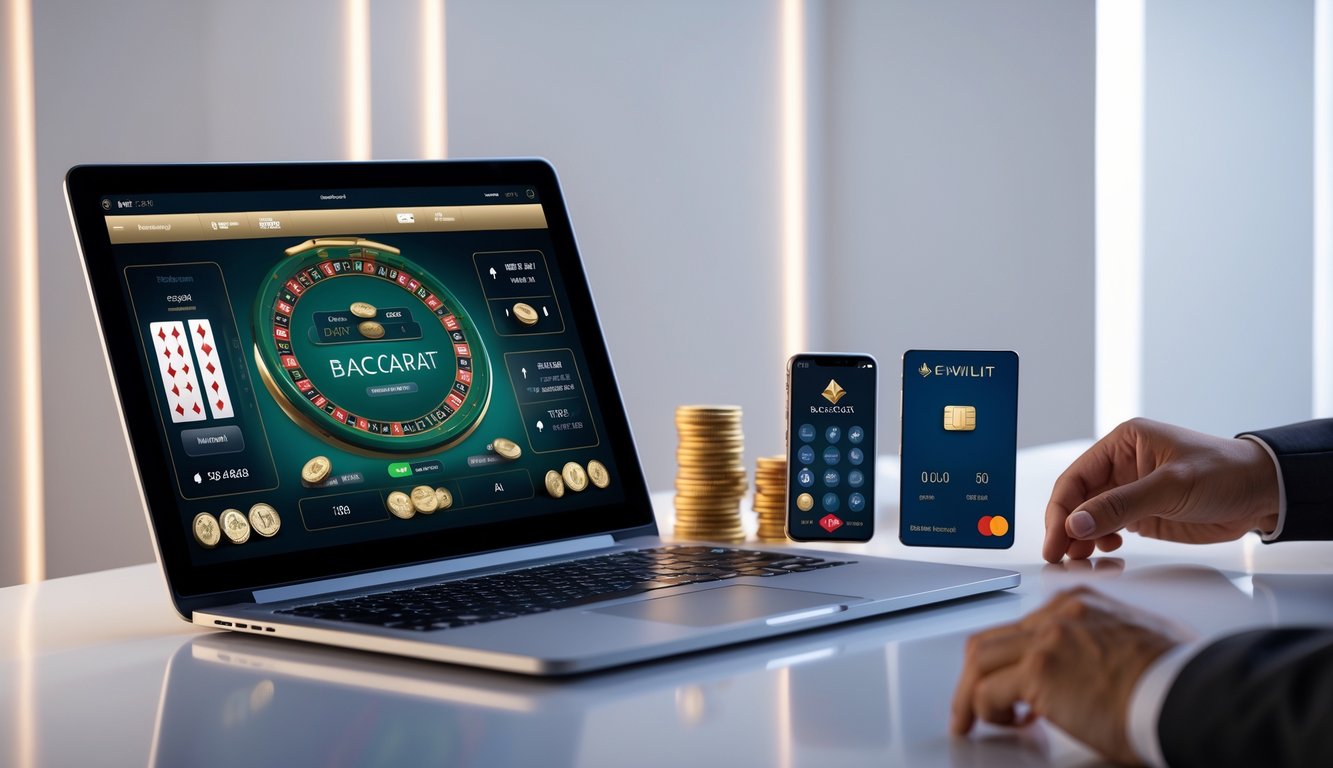 Seorang pengguna mengakses permainan baccarat online di komputer dengan ponsel di samping yang menampilkan aplikasi dompet digital dan kartu debit.