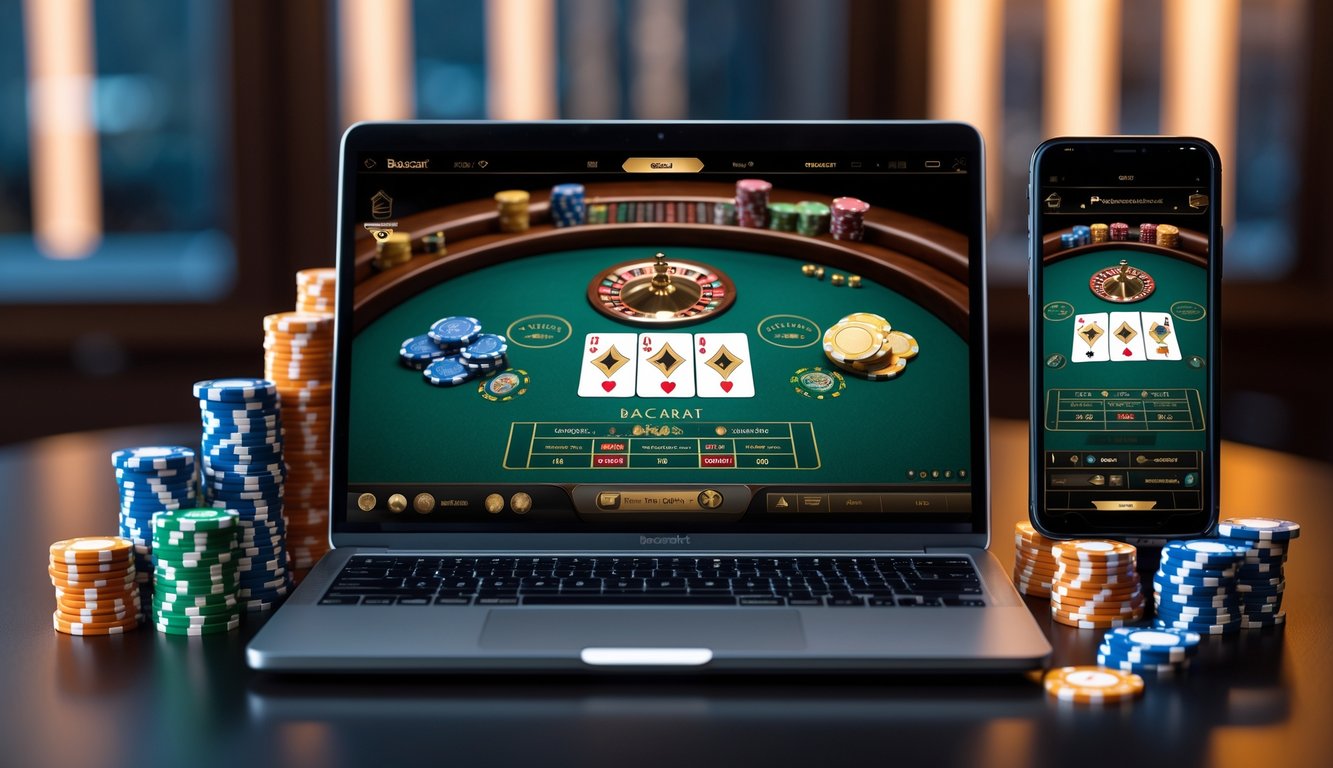 Sebuah laptop dan ponsel menampilkan permainan baccarat online dengan tumpukan chip di sekitarnya di meja yang rapi.