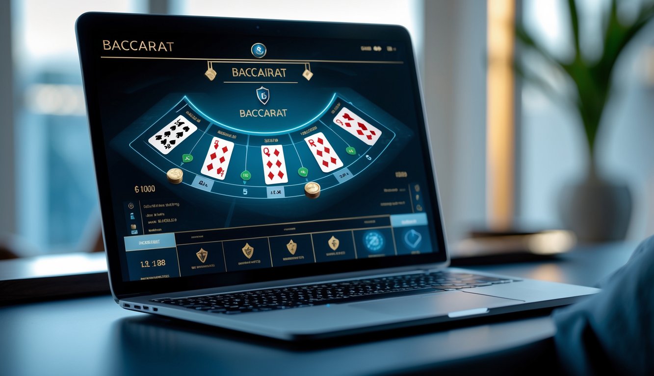 Sebuah perangkat digital menampilkan permainan baccarat online dengan kartu dan opsi taruhan, di latar belakang terdapat simbol keamanan yang samar.