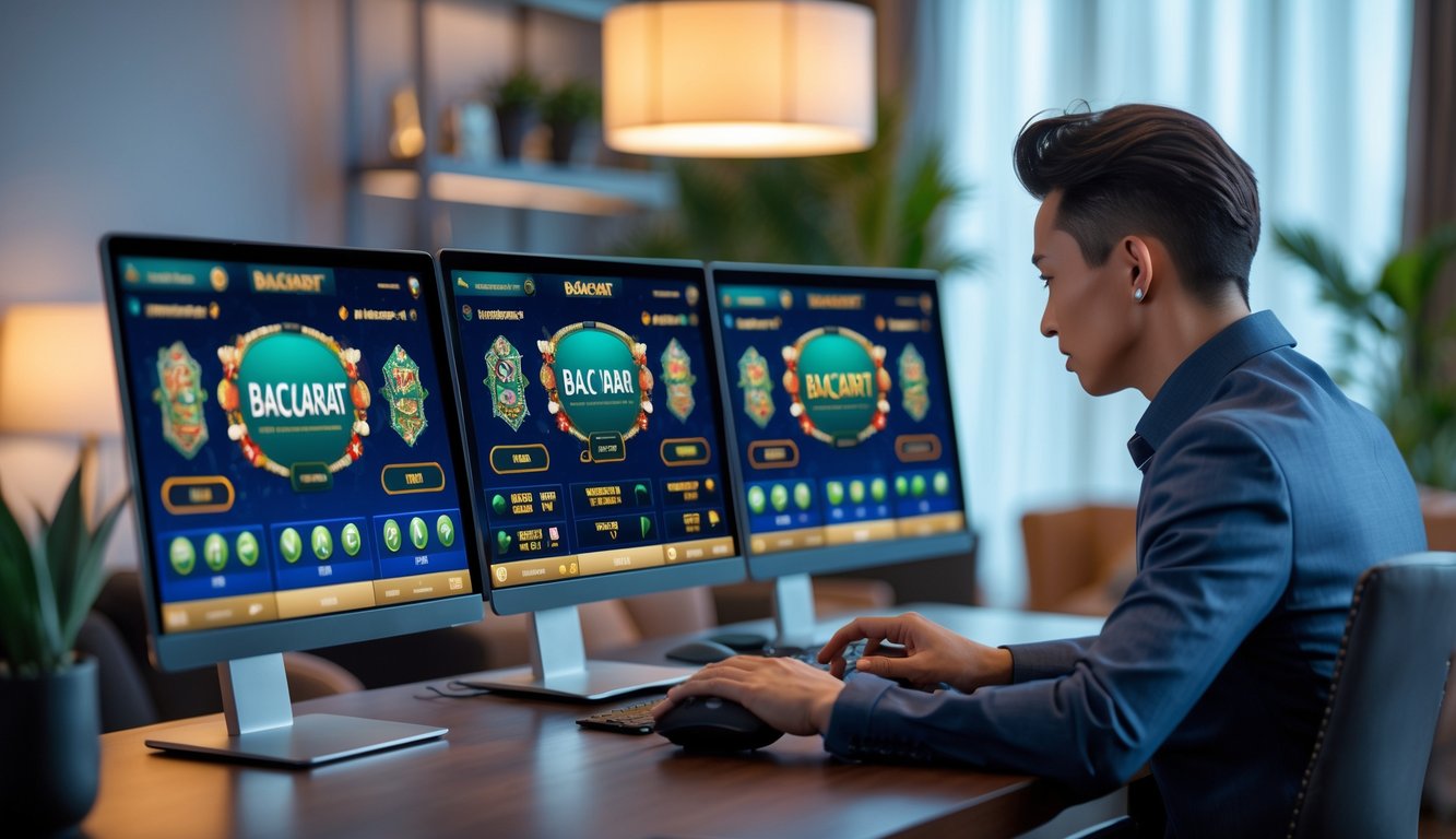 Seseorang sedang bermain permainan baccarat online di komputer dengan suasana ruangan modern dan pencahayaan hangat.