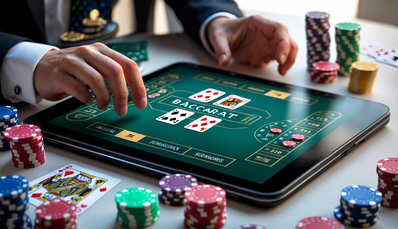 Sebuah meja baccarat digital dengan kartu dan chip poker di layar komputer, menggambarkan suasana permainan baccarat online.